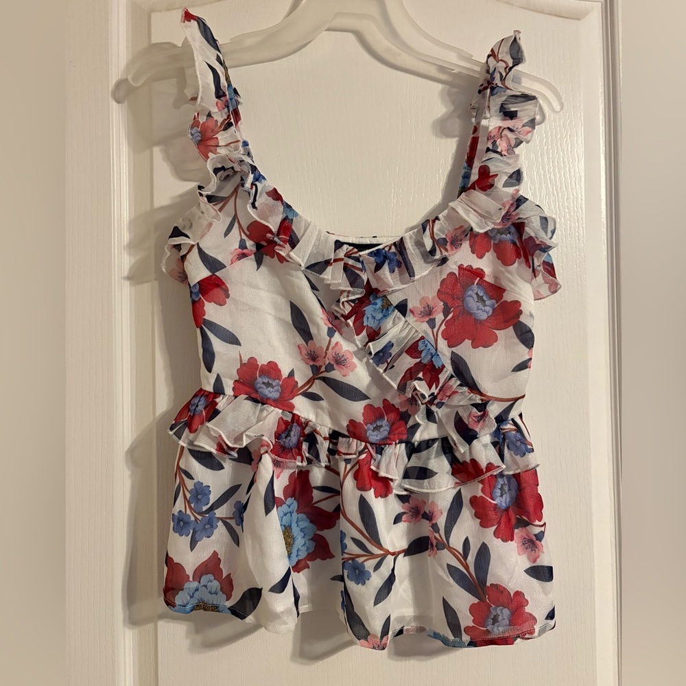 NWOT French Connection Floral Ruffle Blouse‎ Top Size 4 Ruffle Cottage Preppy